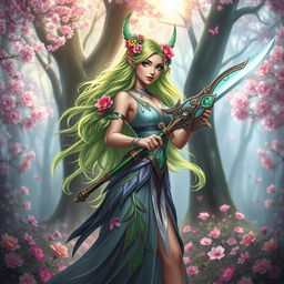 A stunning female Spring Eladrin, characterized by her vibrant floral-themed appearance, with radiant green and colorful floral accents in her flowing hair