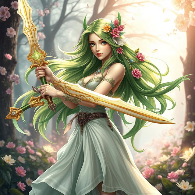 A stunning female Spring Eladrin, characterized by her vibrant floral-themed appearance, with radiant green and colorful floral accents in her flowing hair