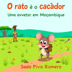 A whimsical and colorful illustration for a children's book titled 'O rato e o caçador: Uma aventura em Moçambique' by Saulo Piva Romero