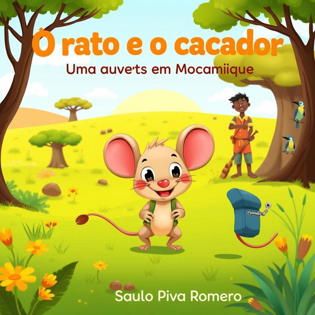 A whimsical and colorful illustration for a children's book titled 'O rato e o caçador: Uma aventura em Moçambique' by Saulo Piva Romero