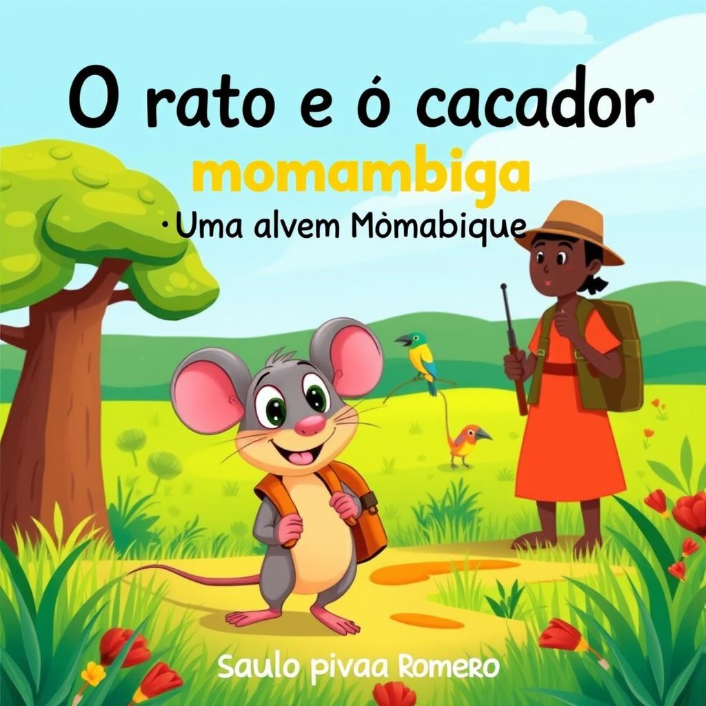 A whimsical and colorful illustration for a children's book titled 'O rato e o caçador: Uma aventura em Moçambique' by Saulo Piva Romero