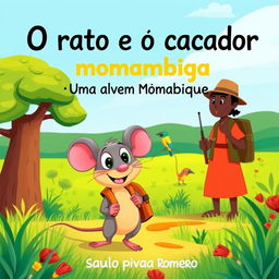 A whimsical and colorful illustration for a children's book titled 'O rato e o caçador: Uma aventura em Moçambique' by Saulo Piva Romero