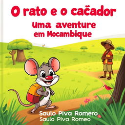 A whimsical and colorful illustration for a children's book titled 'O rato e o caçador: Uma aventura em Moçambique' by Saulo Piva Romero