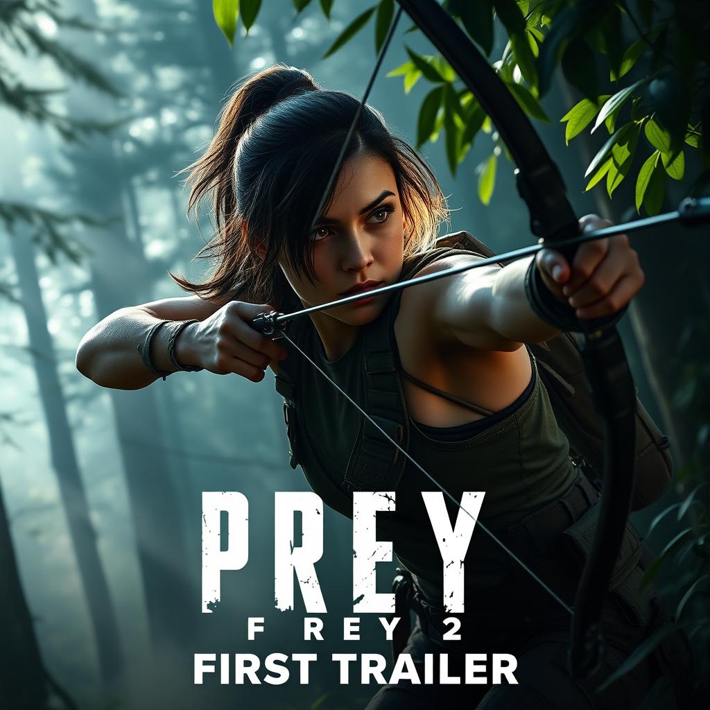 An intense teaser image for 'PREY 2 – First Trailer (2024)' featuring Amber Midthunder in a dynamic and action-packed pose