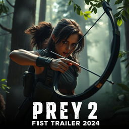 An intense teaser image for 'PREY 2 – First Trailer (2024)' featuring Amber Midthunder in a dynamic and action-packed pose