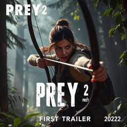 An intense teaser image for 'PREY 2 – First Trailer (2024)' featuring Amber Midthunder in a dynamic and action-packed pose