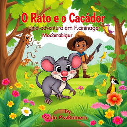 A charming and engaging illustration for a children's book titled 'O Rato e o Caçador: Uma Aventura em Moçambique' by Saulo Piva Romero