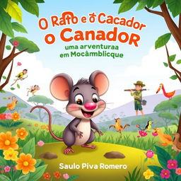 A charming and engaging illustration for a children's book titled 'O Rato e o Caçador: Uma Aventura em Moçambique' by Saulo Piva Romero