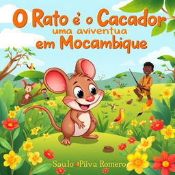 A charming and engaging illustration for a children's book titled 'O Rato e o Caçador: Uma Aventura em Moçambique' by Saulo Piva Romero