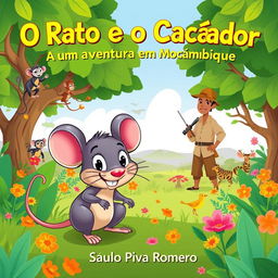 A charming and engaging illustration for a children's book titled 'O Rato e o Caçador: Uma Aventura em Moçambique' by Saulo Piva Romero