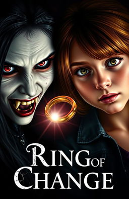 A captivating close-up cover for the book titled 'Ring of Change', featuring two girls who have exchanged bodies