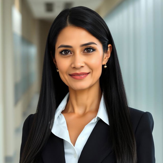 A mature woman with an elegant and professional appearance, featuring long, straight, jet-black hair that is often neatly styled or tied back while at work