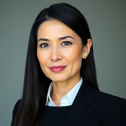 A mature woman with an elegant and professional appearance, featuring long, straight, jet-black hair that is often neatly styled or tied back while at work