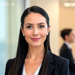 A mature woman with an elegant and professional appearance, featuring long, straight, jet-black hair that is often neatly styled or tied back while at work