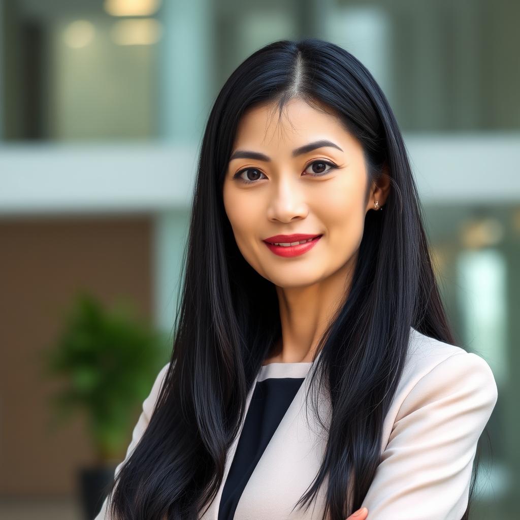 A mature woman with an elegant and professional appearance, featuring long, straight, jet-black hair that is often neatly styled or tied back while at work