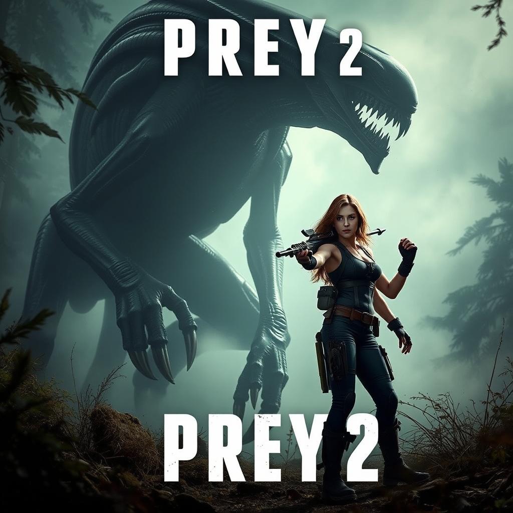 An intense teaser image for 'PREY 2 – First Trailer (2024)' featuring Amber Midthunder in a striking action pose, with a large, fearsome alien monster looming behind her