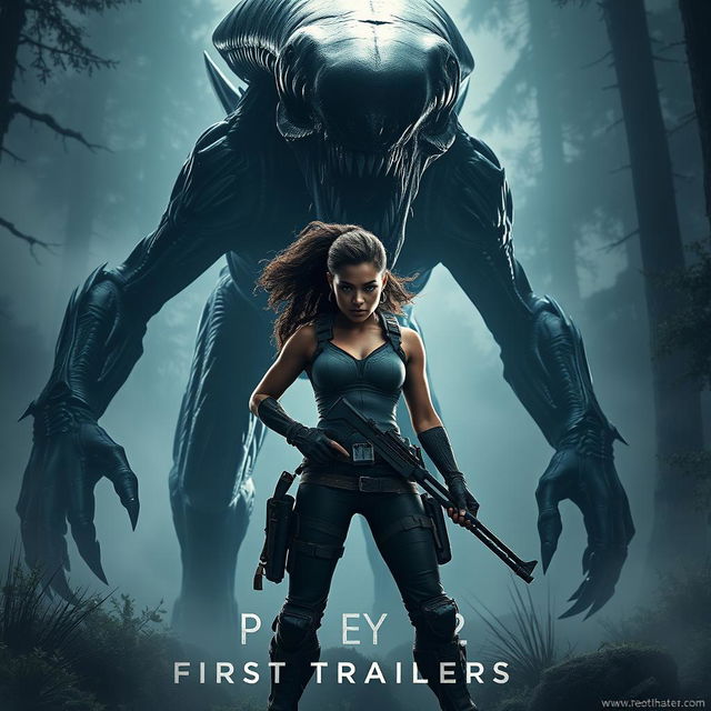 An intense teaser image for 'PREY 2 – First Trailer (2024)' featuring Amber Midthunder in a striking action pose, with a large, fearsome alien monster looming behind her