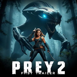 An intense teaser image for 'PREY 2 – First Trailer (2024)' featuring Amber Midthunder in a striking action pose, with a large, fearsome alien monster looming behind her