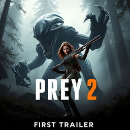 An intense teaser image for 'PREY 2 – First Trailer (2024)' featuring Amber Midthunder in a striking action pose, with a large, fearsome alien monster looming behind her