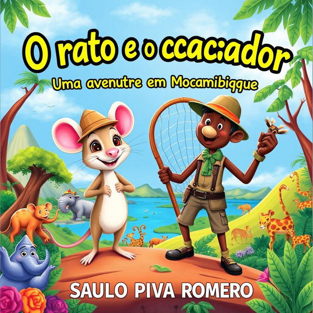 A colorful and vibrant illustration for a children's book titled "O rato e o caçador: Uma aventura em Moçambique" by SAULO PIVA ROMERO