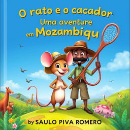 A colorful and vibrant illustration for a children's book titled "O rato e o caçador: Uma aventura em Moçambique" by SAULO PIVA ROMERO