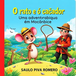 A colorful and vibrant illustration for a children's book titled "O rato e o caçador: Uma aventura em Moçambique" by SAULO PIVA ROMERO
