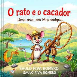 A colorful and vibrant illustration for a children's book titled "O rato e o caçador: Uma aventura em Moçambique" by SAULO PIVA ROMERO