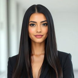 A beautiful adult woman with an elegant and professional appearance, featuring long, straight, jet-black hair that is often neatly styled or tied back during work