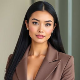 A beautiful adult woman with an elegant and professional appearance, featuring long, straight, jet-black hair that is often neatly styled or tied back during work