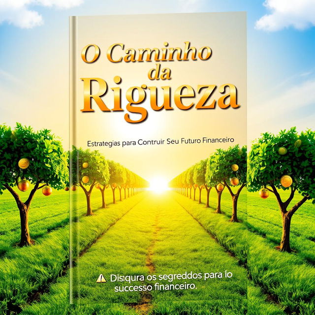 A captivating book cover design for 'O Caminho da Riqueza: Estratégias para Construir Seu Futuro Financeiro', featuring a lush, green pathway that symbolizes a journey towards wealth