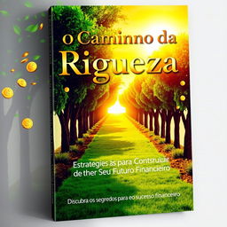 A captivating book cover design for 'O Caminho da Riqueza: Estratégias para Construir Seu Futuro Financeiro', featuring a lush, green pathway that symbolizes a journey towards wealth