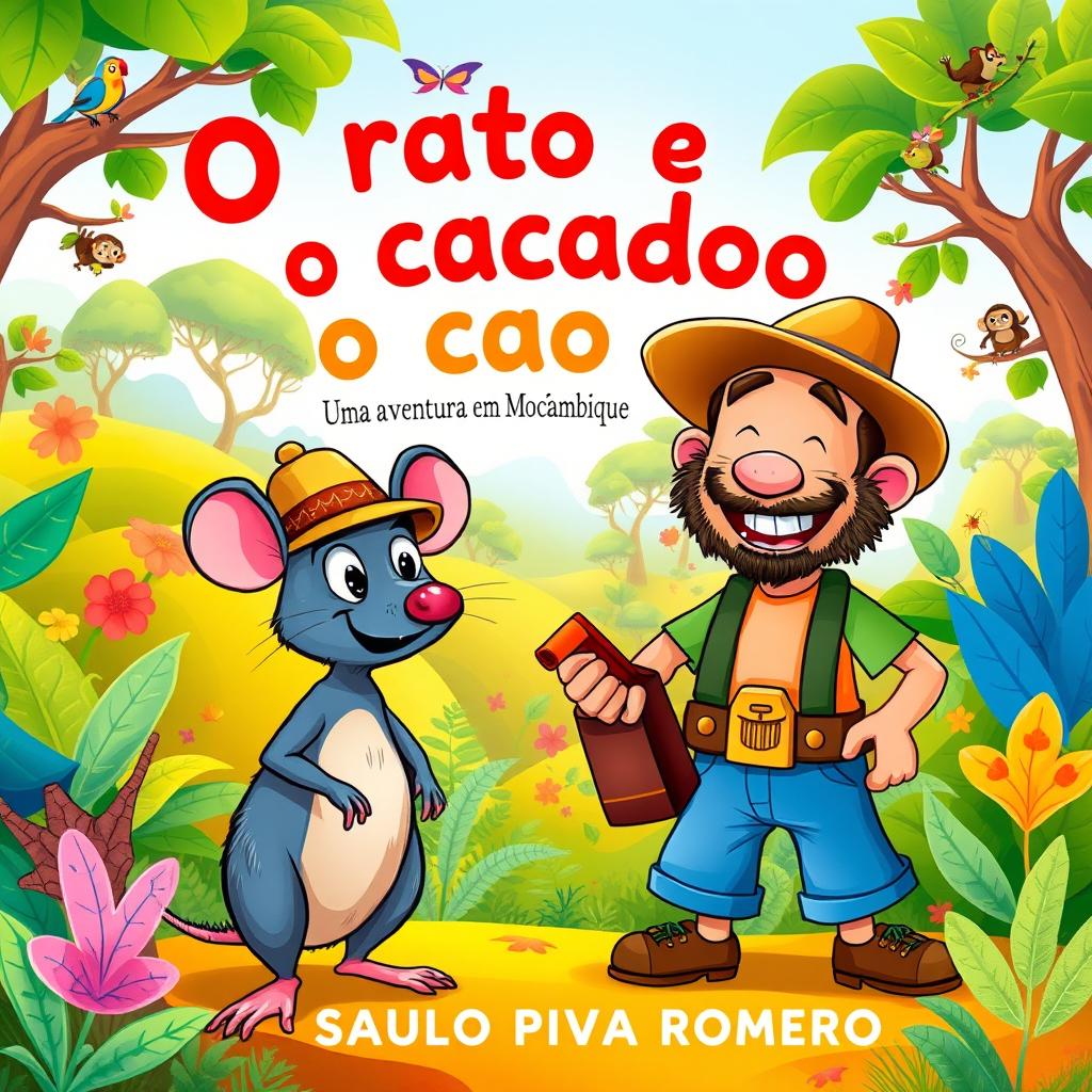 A colorful and whimsical illustration for a children's book titled 'O rato e o caçador: Uma aventura em Moçambique' by SAULO PIVA ROMERO