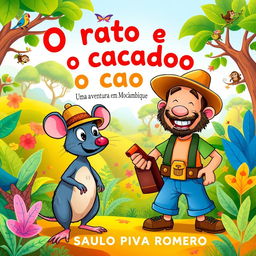 A colorful and whimsical illustration for a children's book titled 'O rato e o caçador: Uma aventura em Moçambique' by SAULO PIVA ROMERO