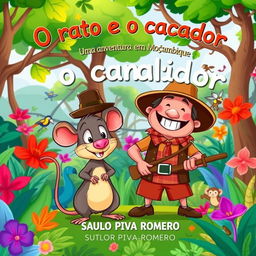 A colorful and whimsical illustration for a children's book titled 'O rato e o caçador: Uma aventura em Moçambique' by SAULO PIVA ROMERO