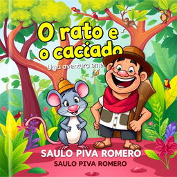 A colorful and whimsical illustration for a children's book titled 'O rato e o caçador: Uma aventura em Moçambique' by SAULO PIVA ROMERO