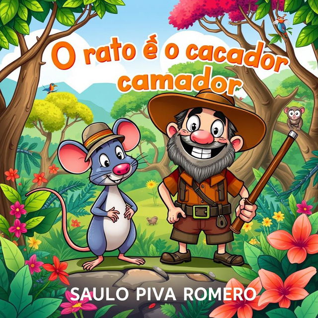 A colorful and whimsical illustration for a children's book titled 'O rato e o caçador: Uma aventura em Moçambique' by SAULO PIVA ROMERO