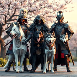 A dynamic scene featuring three samurai standing together, each with a different dog breed