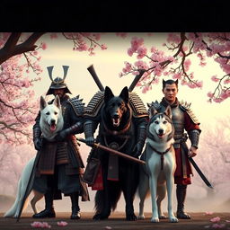 A dynamic scene featuring three samurai standing together, each with a different dog breed