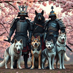 A dynamic scene featuring three samurai standing together, each with a different dog breed
