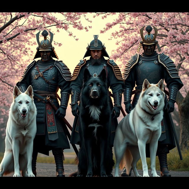 A dynamic scene featuring three samurai standing together, each with a different dog breed