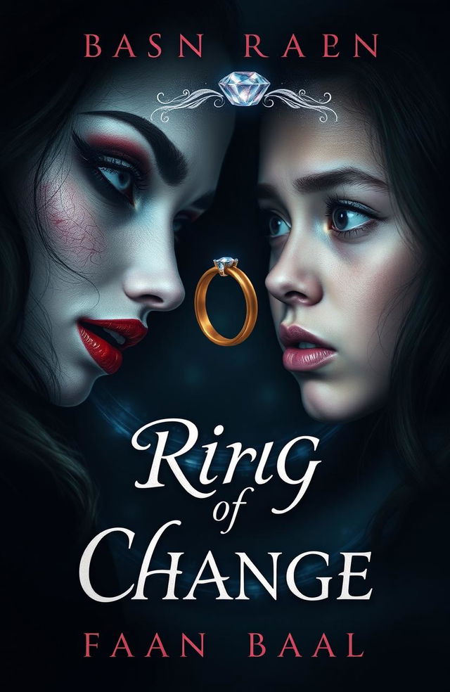 A captivating book cover design for 'Ring of Change', featuring a close-up of two girls exchanging bodies