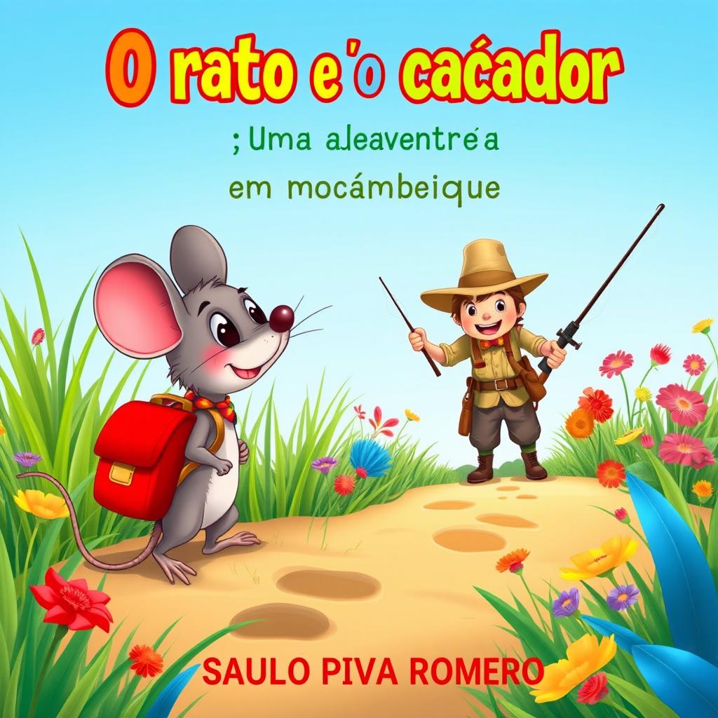 A whimsical children's book cover illustration for 'O rato e o caçador: Uma aventura em Moçambique' by SAULO PIVA ROMERO