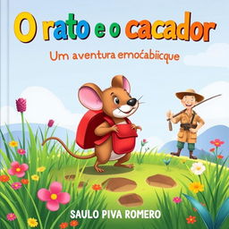 A whimsical children's book cover illustration for 'O rato e o caçador: Uma aventura em Moçambique' by SAULO PIVA ROMERO