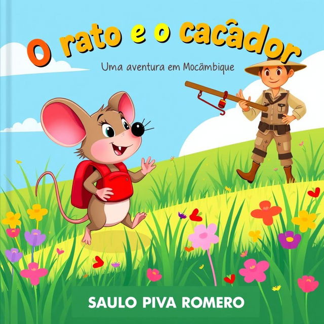 A whimsical children's book cover illustration for 'O rato e o caçador: Uma aventura em Moçambique' by SAULO PIVA ROMERO