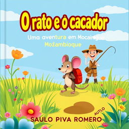 A whimsical children's book cover illustration for 'O rato e o caçador: Uma aventura em Moçambique' by SAULO PIVA ROMERO