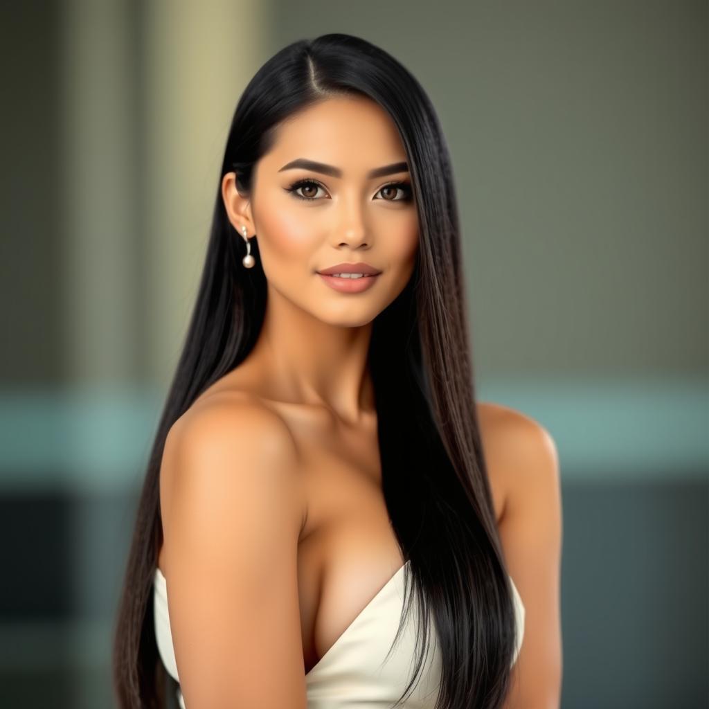 A beautiful adult woman with an elegant and professional appearance, featuring long, straight, jet-black hair that is often neatly styled or tied back while at work