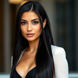 A beautiful adult woman with an elegant and professional appearance, featuring long, straight, jet-black hair that is often neatly styled or tied back while at work