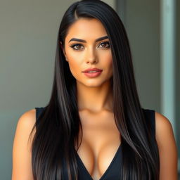 A beautiful adult woman with an elegant and professional appearance, featuring long, straight, jet-black hair that is often neatly styled or tied back while at work