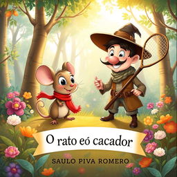 A whimsical illustration for a children's book titled 'O rato e o caçador', featuring a playful scene with a clever little mouse and a friendly hunter in a colorful, forested setting