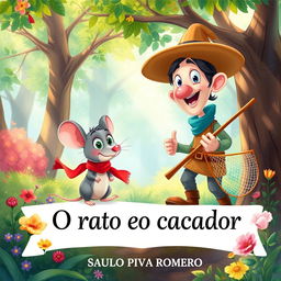 A whimsical illustration for a children's book titled 'O rato e o caçador', featuring a playful scene with a clever little mouse and a friendly hunter in a colorful, forested setting